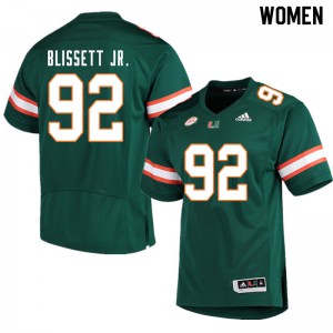 Women Jason Blissett Jr. Green Miami Hurricanes #92 University Jersey