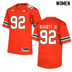 Women Jason Blissett Jr. Orange Miami Hurricanes #92 Football Jerseys