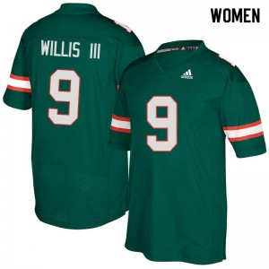 Womens Gerald Willis III Green Hurricanes #9 College Jerseys